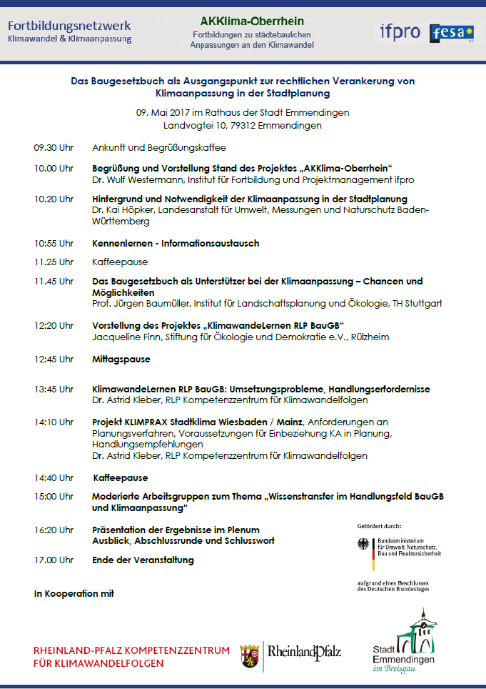 Programm zum 5. Seminar AKKlima-Oberrhein in Emmendingen zum Thema: Das Baugesetzbuch als Ausgangspunkt zur rechtlichen Verankerung von Klimaanpassung in der Stadtplanung